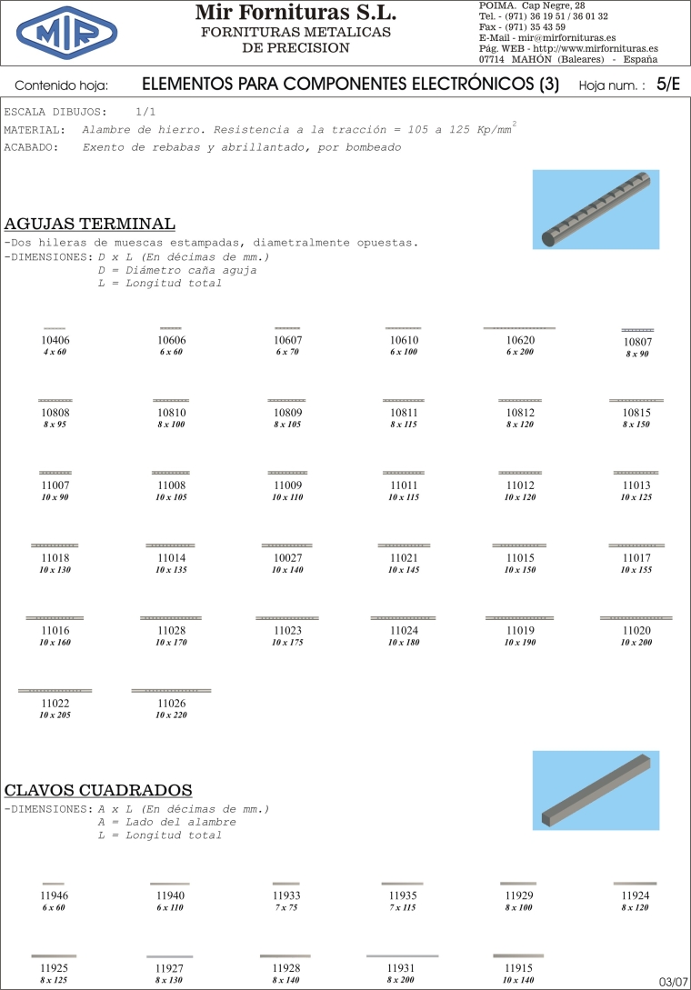 Mir Fornituras, S. L. Elementos para componentes electrónicos (3) - Agujas terminales y clavos cuadrados
